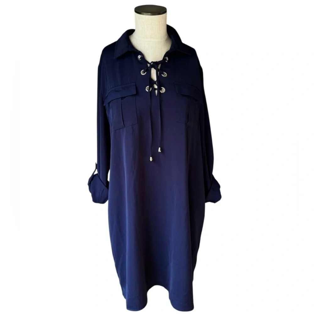 41 Hawthorn Blouson Roll Tab Sleeve Navy Blue Shirt Grommet Tie Dress Size L